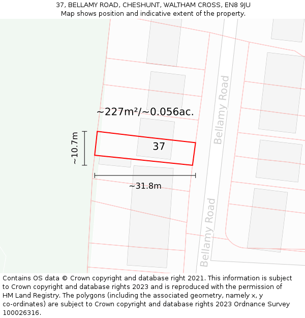 37, BELLAMY ROAD, CHESHUNT, WALTHAM CROSS, EN8 9JU: Plot and title map