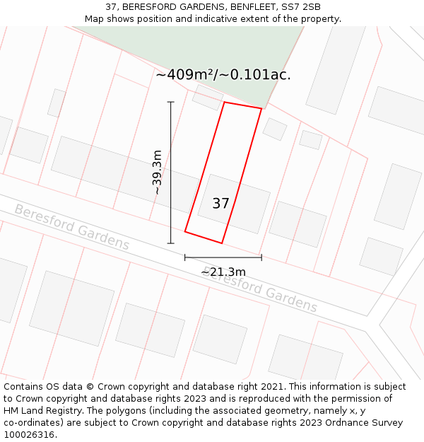 37, BERESFORD GARDENS, BENFLEET, SS7 2SB: Plot and title map