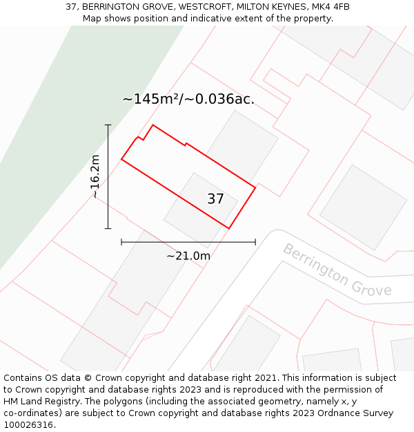 37, BERRINGTON GROVE, WESTCROFT, MILTON KEYNES, MK4 4FB: Plot and title map