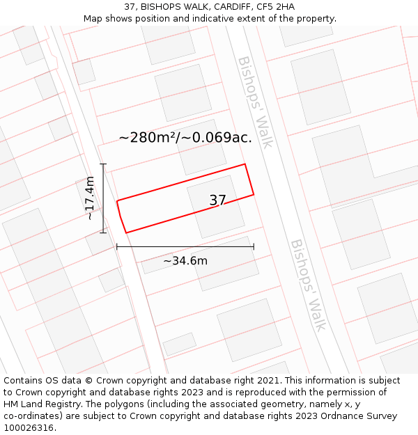 37, BISHOPS WALK, CARDIFF, CF5 2HA: Plot and title map