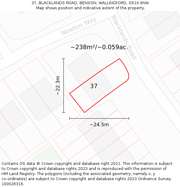 37, BLACKLANDS ROAD, BENSON, WALLINGFORD, OX10 6NW: Plot and title map