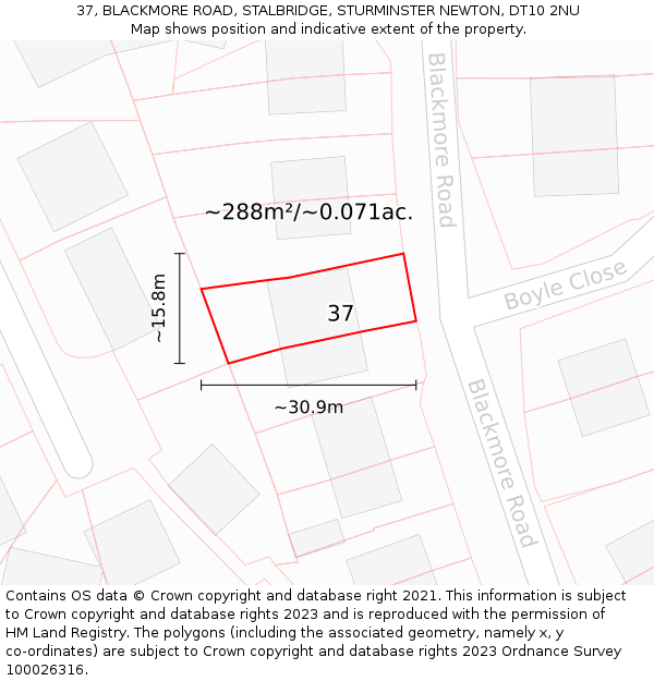 37, BLACKMORE ROAD, STALBRIDGE, STURMINSTER NEWTON, DT10 2NU: Plot and title map