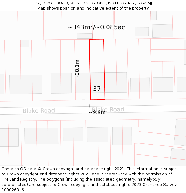 37, BLAKE ROAD, WEST BRIDGFORD, NOTTINGHAM, NG2 5JJ: Plot and title map