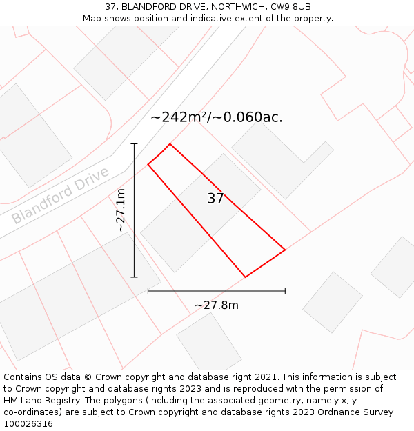 37, BLANDFORD DRIVE, NORTHWICH, CW9 8UB: Plot and title map