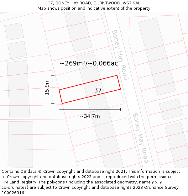 37, BONEY HAY ROAD, BURNTWOOD, WS7 9AL: Plot and title map