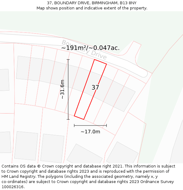 37, BOUNDARY DRIVE, BIRMINGHAM, B13 8NY: Plot and title map