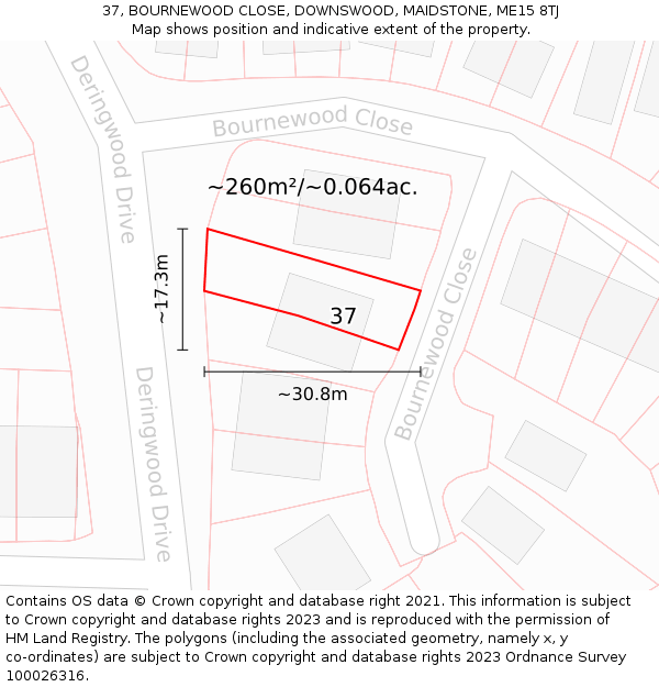 37, BOURNEWOOD CLOSE, DOWNSWOOD, MAIDSTONE, ME15 8TJ: Plot and title map