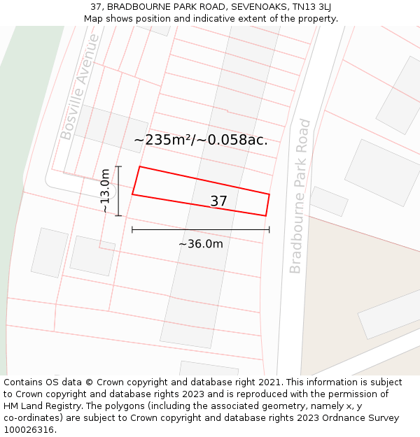 37, BRADBOURNE PARK ROAD, SEVENOAKS, TN13 3LJ: Plot and title map