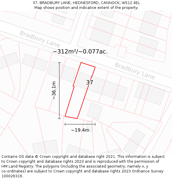 37, BRADBURY LANE, HEDNESFORD, CANNOCK, WS12 4EL: Plot and title map