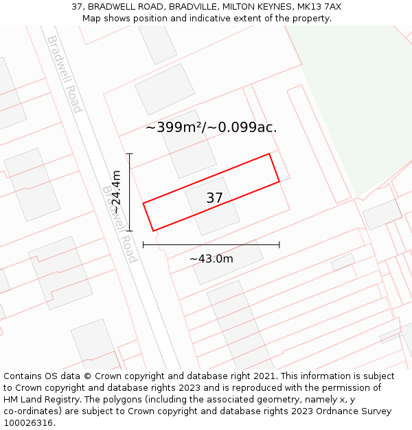 37, BRADWELL ROAD, BRADVILLE, MILTON KEYNES, MK13 7AX: Plot and title map