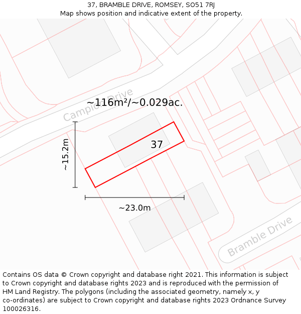 37, BRAMBLE DRIVE, ROMSEY, SO51 7RJ: Plot and title map