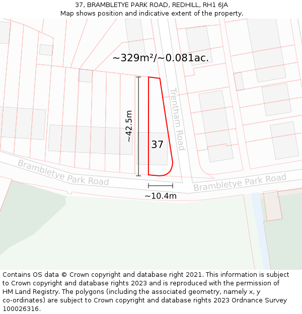 37, BRAMBLETYE PARK ROAD, REDHILL, RH1 6JA: Plot and title map