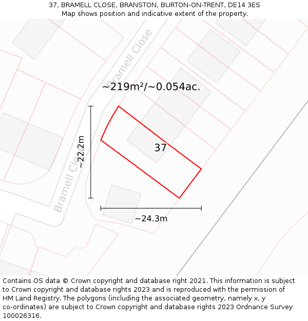 37, BRAMELL CLOSE, BRANSTON, BURTON-ON-TRENT, DE14 3ES: Plot and title map