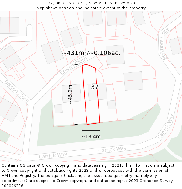 37, BRECON CLOSE, NEW MILTON, BH25 6UB: Plot and title map