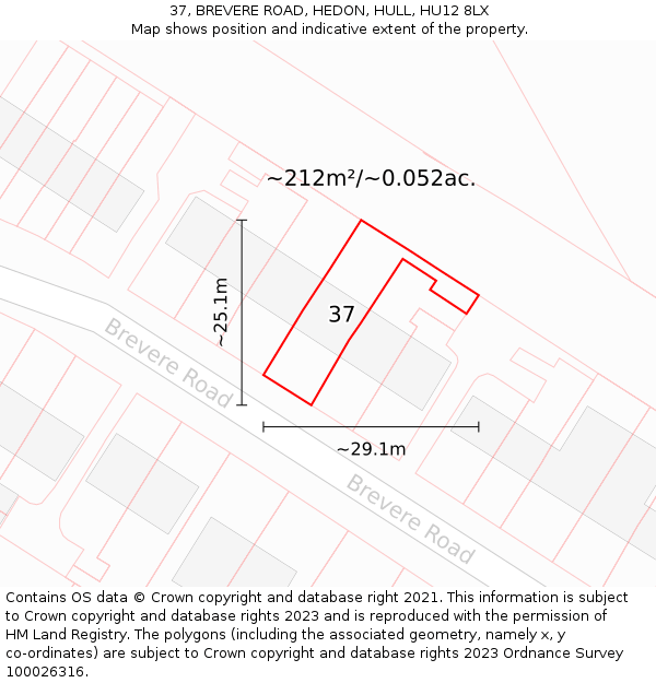 37, BREVERE ROAD, HEDON, HULL, HU12 8LX: Plot and title map