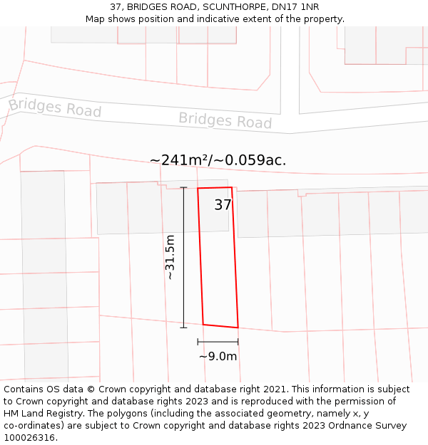 37, BRIDGES ROAD, SCUNTHORPE, DN17 1NR: Plot and title map