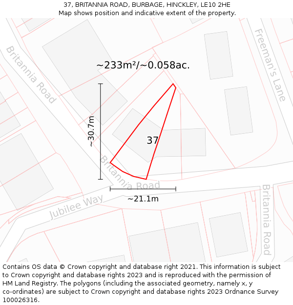 37, BRITANNIA ROAD, BURBAGE, HINCKLEY, LE10 2HE: Plot and title map