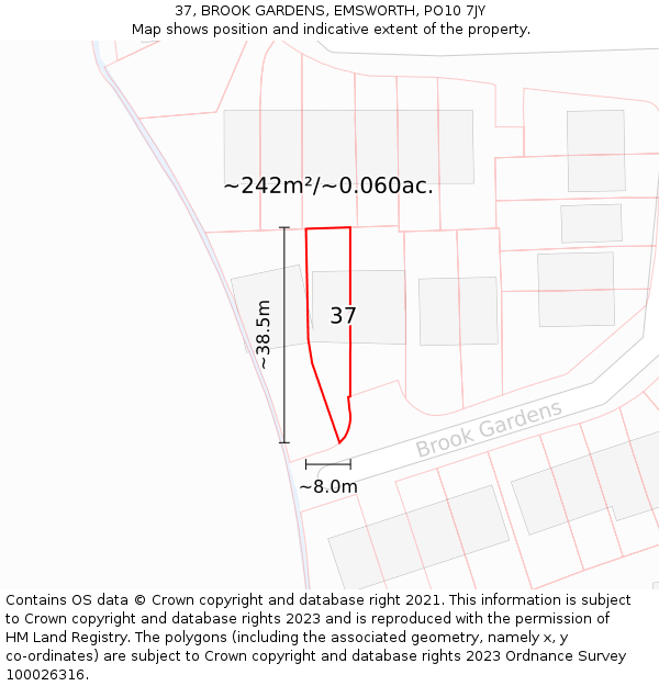 37, BROOK GARDENS, EMSWORTH, PO10 7JY: Plot and title map