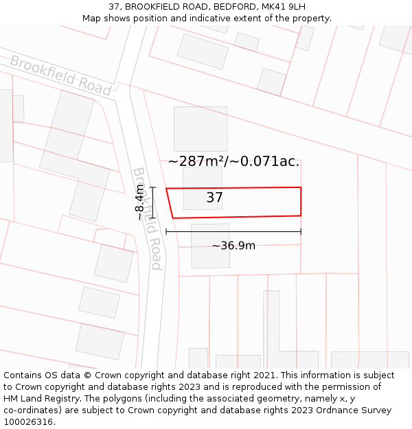 37, BROOKFIELD ROAD, BEDFORD, MK41 9LH: Plot and title map