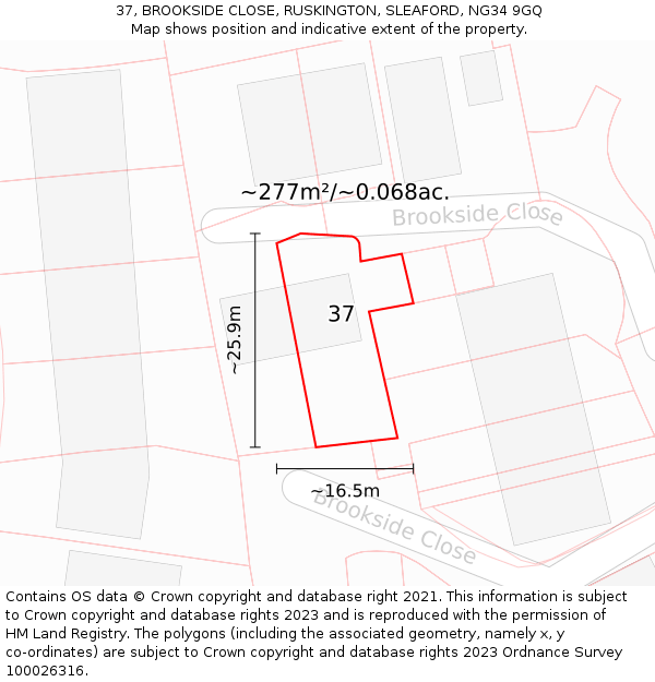 37, BROOKSIDE CLOSE, RUSKINGTON, SLEAFORD, NG34 9GQ: Plot and title map