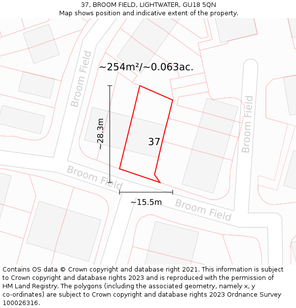 37, BROOM FIELD, LIGHTWATER, GU18 5QN: Plot and title map