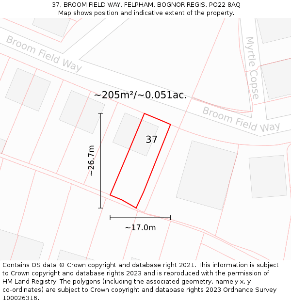 37, BROOM FIELD WAY, FELPHAM, BOGNOR REGIS, PO22 8AQ: Plot and title map