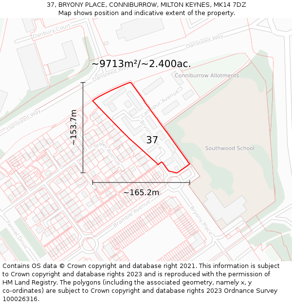 37, BRYONY PLACE, CONNIBURROW, MILTON KEYNES, MK14 7DZ: Plot and title map