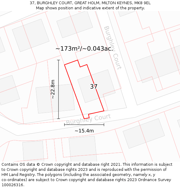 37, BURGHLEY COURT, GREAT HOLM, MILTON KEYNES, MK8 9EL: Plot and title map