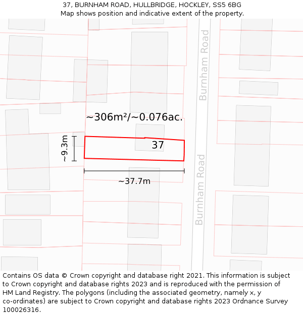 37, BURNHAM ROAD, HULLBRIDGE, HOCKLEY, SS5 6BG: Plot and title map