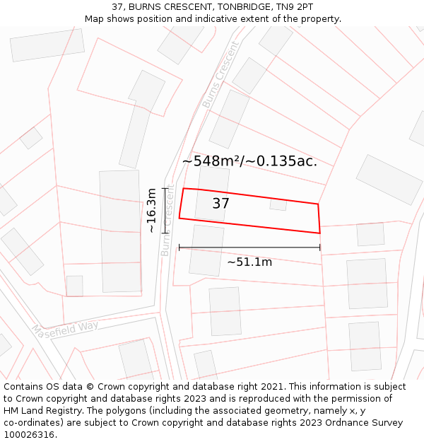 37, BURNS CRESCENT, TONBRIDGE, TN9 2PT: Plot and title map