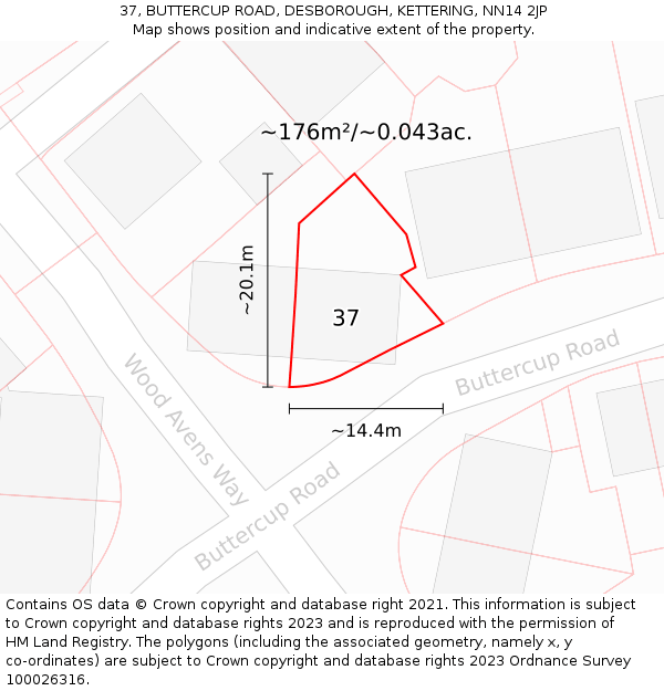 37, BUTTERCUP ROAD, DESBOROUGH, KETTERING, NN14 2JP: Plot and title map