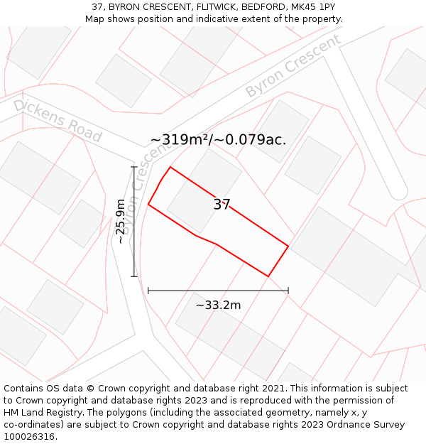 37, BYRON CRESCENT, FLITWICK, BEDFORD, MK45 1PY: Plot and title map