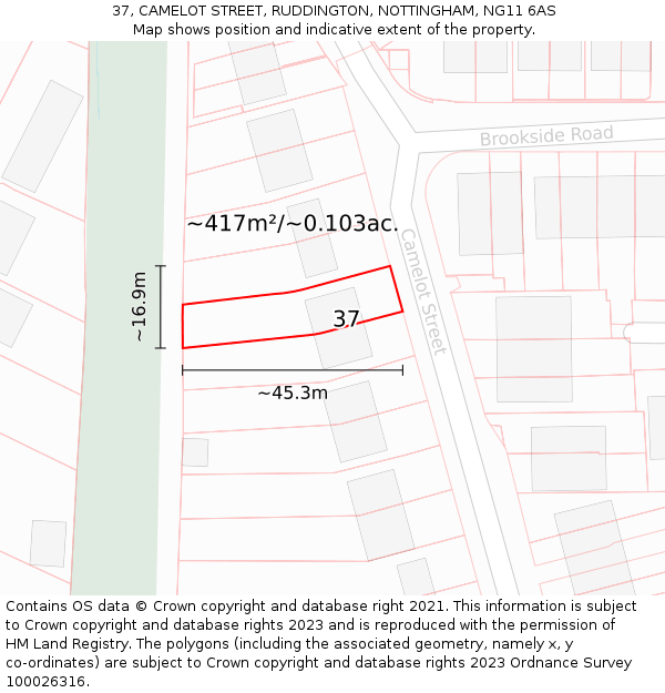 37, CAMELOT STREET, RUDDINGTON, NOTTINGHAM, NG11 6AS: Plot and title map