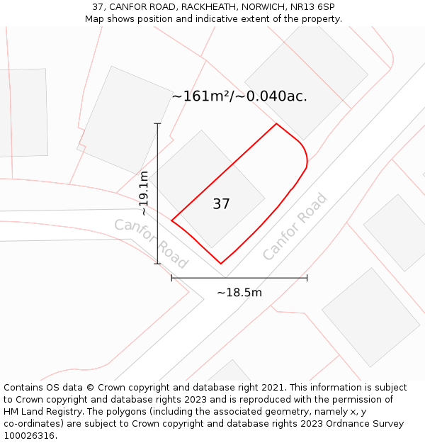 37, CANFOR ROAD, RACKHEATH, NORWICH, NR13 6SP: Plot and title map