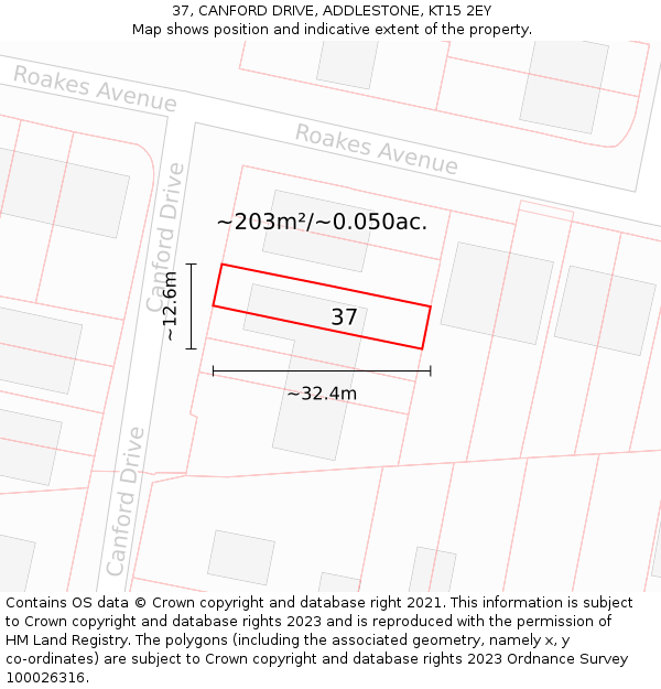 37, CANFORD DRIVE, ADDLESTONE, KT15 2EY: Plot and title map