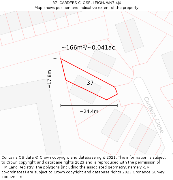 37, CARDERS CLOSE, LEIGH, WN7 4JX: Plot and title map