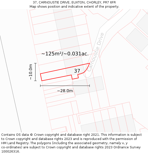 37, CARNOUSTIE DRIVE, EUXTON, CHORLEY, PR7 6FR: Plot and title map