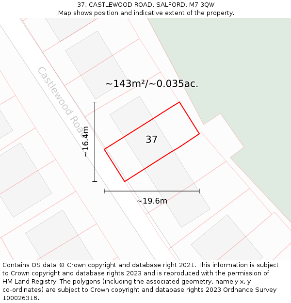 37, CASTLEWOOD ROAD, SALFORD, M7 3QW: Plot and title map