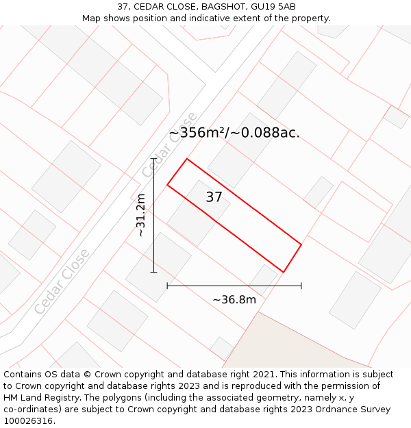 37, CEDAR CLOSE, BAGSHOT, GU19 5AB: Plot and title map