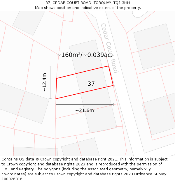 37, CEDAR COURT ROAD, TORQUAY, TQ1 3HH: Plot and title map