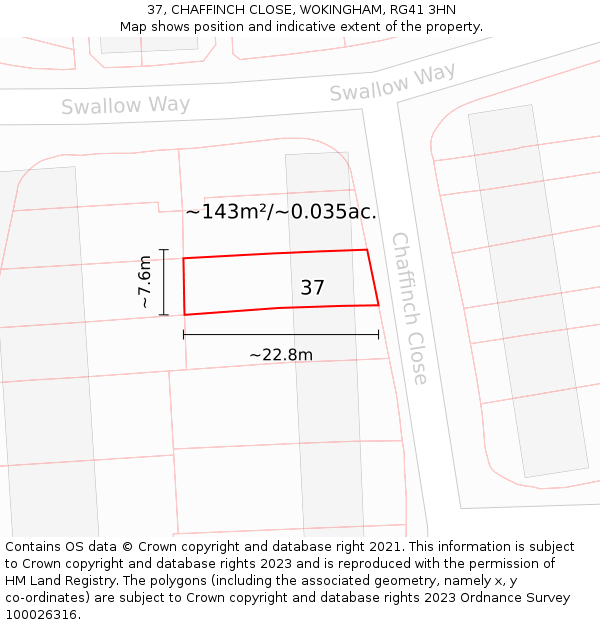 37, CHAFFINCH CLOSE, WOKINGHAM, RG41 3HN: Plot and title map