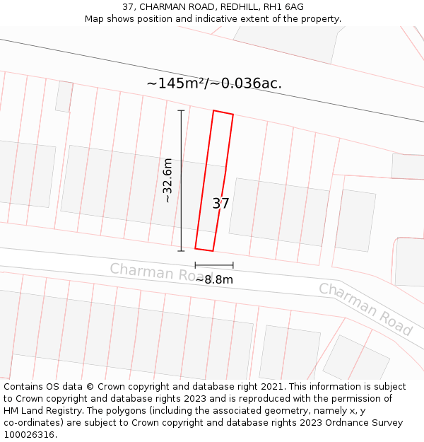 37, CHARMAN ROAD, REDHILL, RH1 6AG: Plot and title map