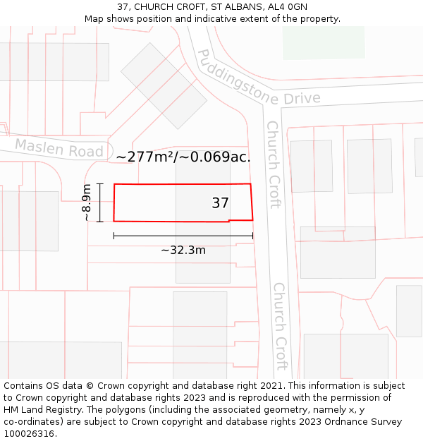 37, CHURCH CROFT, ST ALBANS, AL4 0GN: Plot and title map