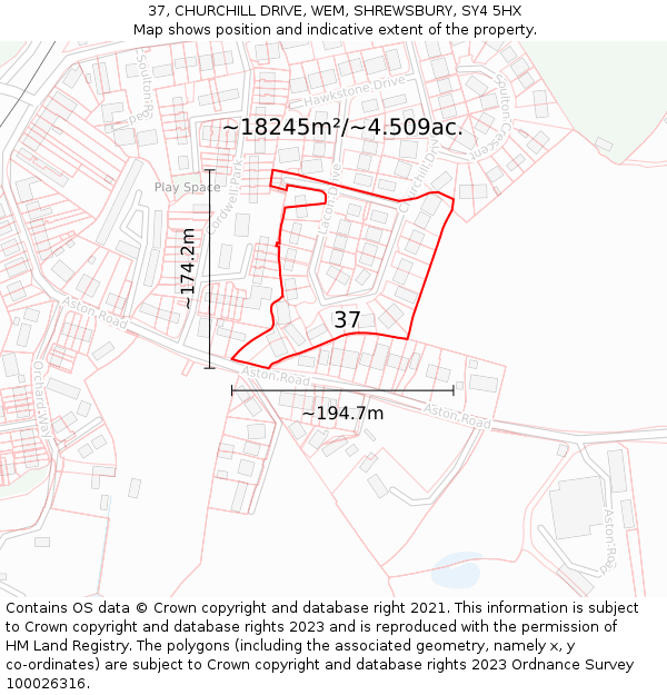 37, CHURCHILL DRIVE, WEM, SHREWSBURY, SY4 5HX: Plot and title map