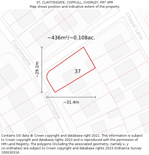 37, CLAYTONGATE, COPPULL, CHORLEY, PR7 4PR: Plot and title map