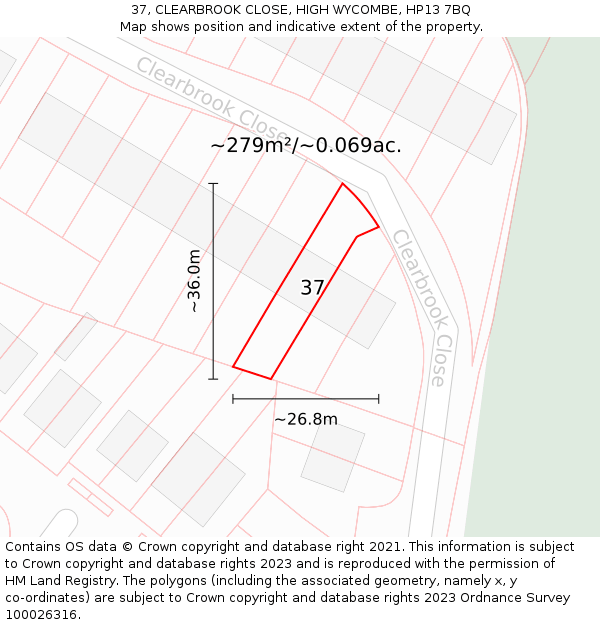 37, CLEARBROOK CLOSE, HIGH WYCOMBE, HP13 7BQ: Plot and title map