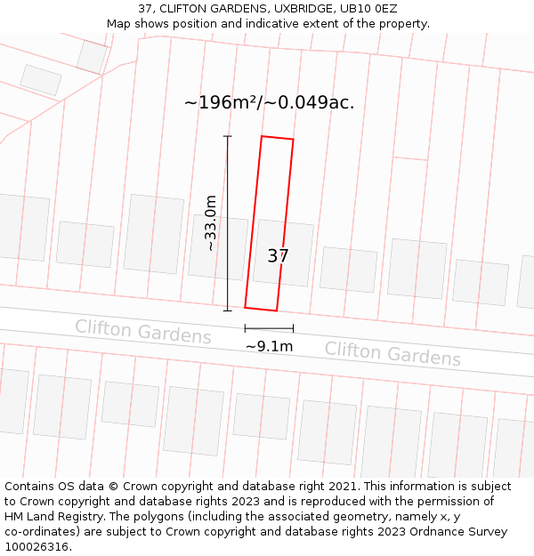 37, CLIFTON GARDENS, UXBRIDGE, UB10 0EZ: Plot and title map