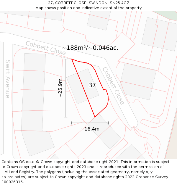 37, COBBETT CLOSE, SWINDON, SN25 4GZ: Plot and title map