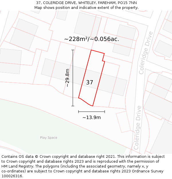 37, COLERIDGE DRIVE, WHITELEY, FAREHAM, PO15 7NN: Plot and title map