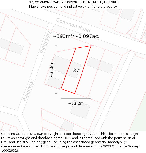 37, COMMON ROAD, KENSWORTH, DUNSTABLE, LU6 3RH: Plot and title map